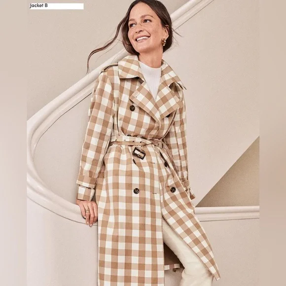 Ann Taylor Trench Coat Womens Medium Tan White Checked Double-Breasted Classic - Picture 1 of 5
